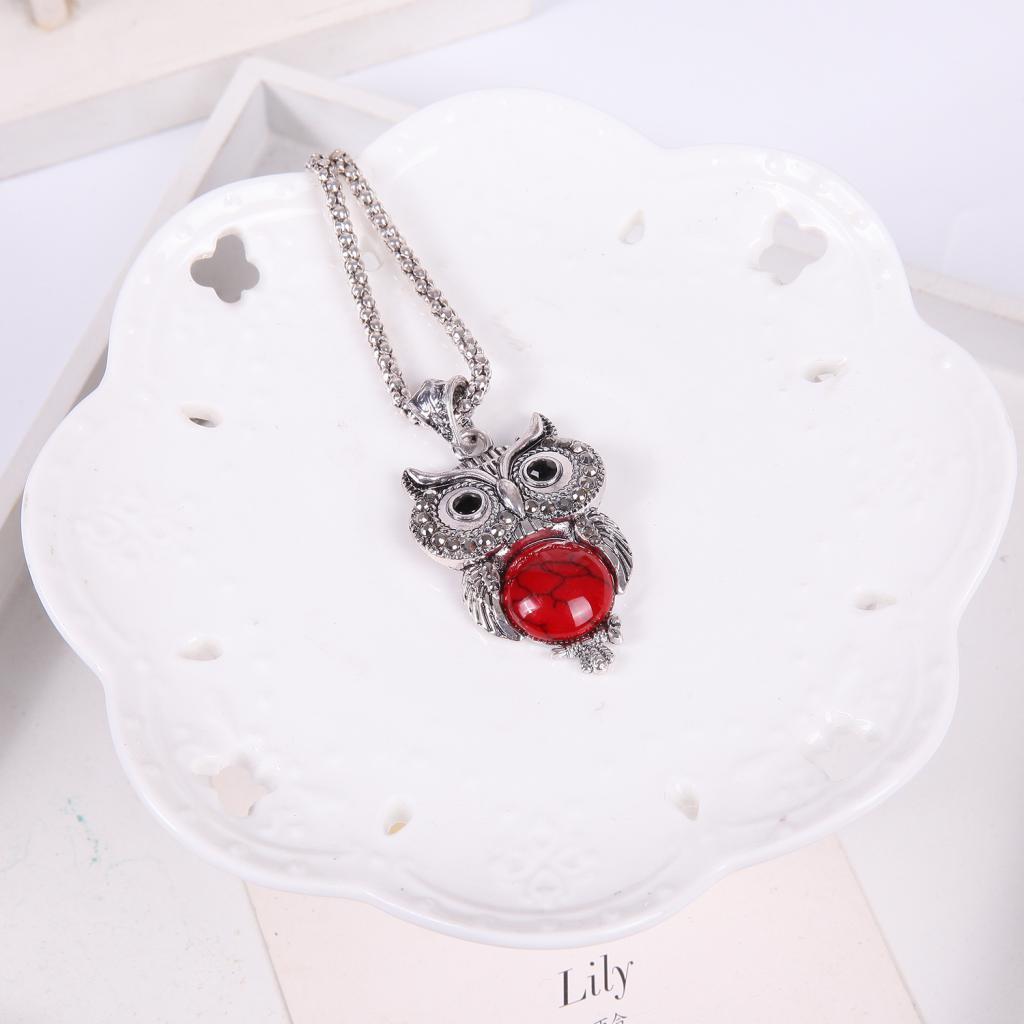 Pendant Necklace Earrings Bracelet Jewelry Set - Owl Red
