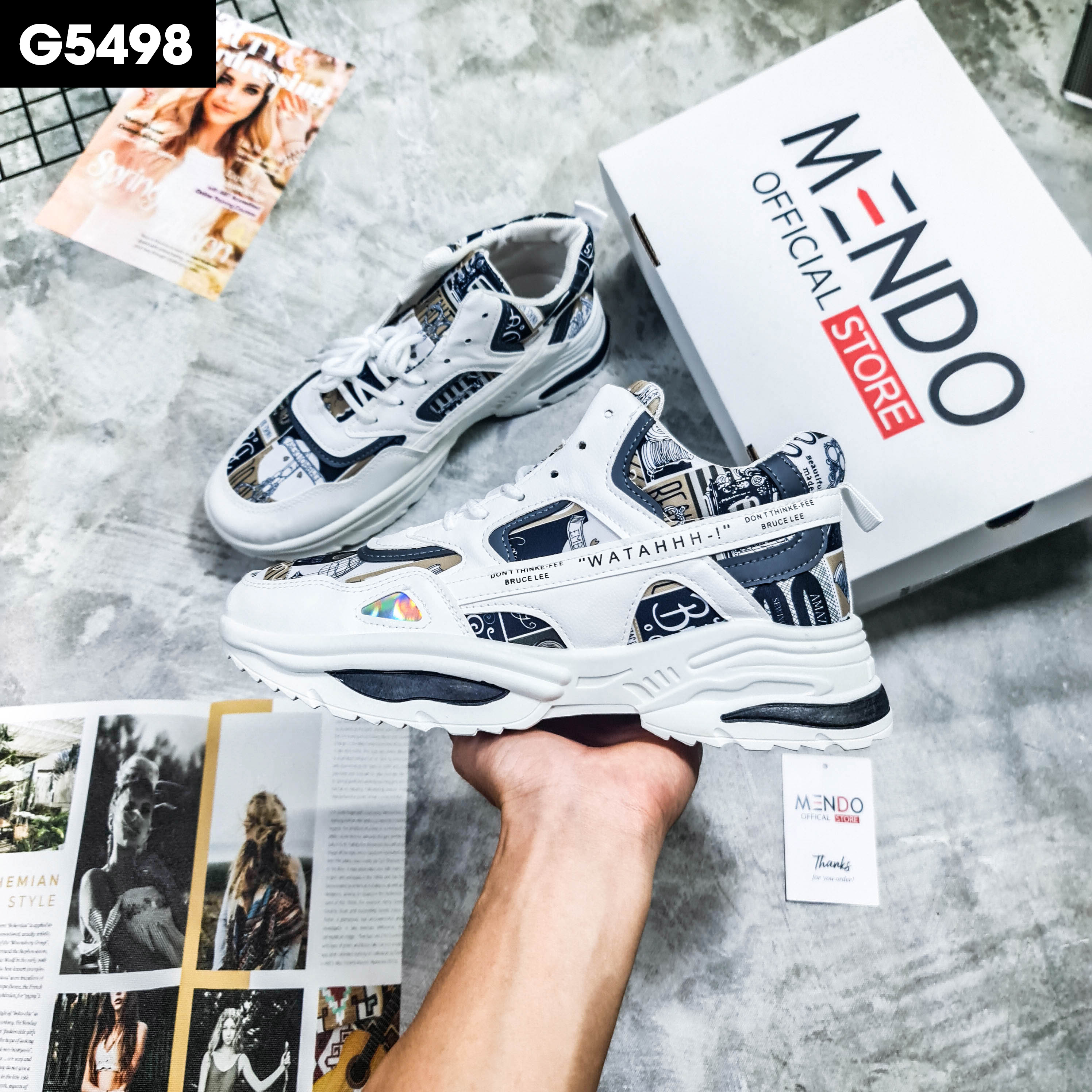 Giày Thể Thao Nam MENDO - Giày Sneaker Màu Đen -  Cam, Đế cao, họa tiết đẹp, phong cách đường phố - G5498