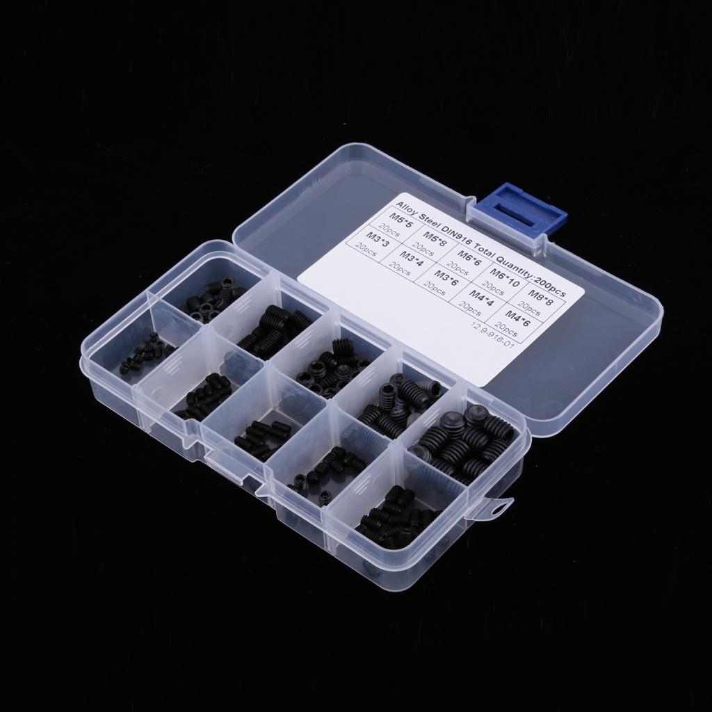 200Pcs M3 M4 M5 M6 M8 Carbon Steel Head Hex Socket Grub Screws Assorted Kit