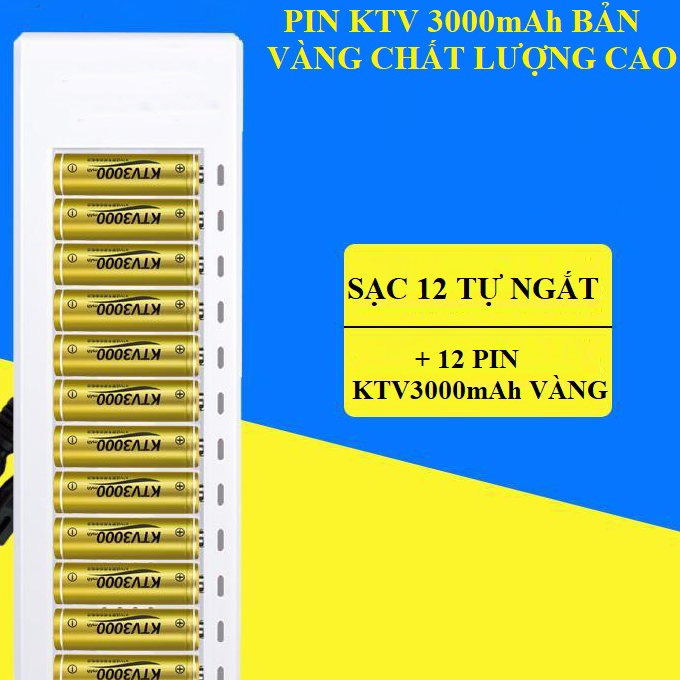 Máy Sạc 12 khe pin AA / AAA tặng kèm 12 pin 3000mAh Vàng