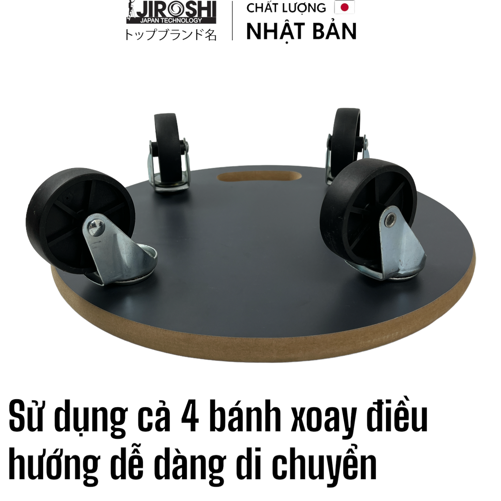 Đế lót chậu cây có bánh xe tải nặng 120kg Jiroshi, size 380, đôn kê chậu cây hoa cảnh mâm gỗ tròn có tay cầm