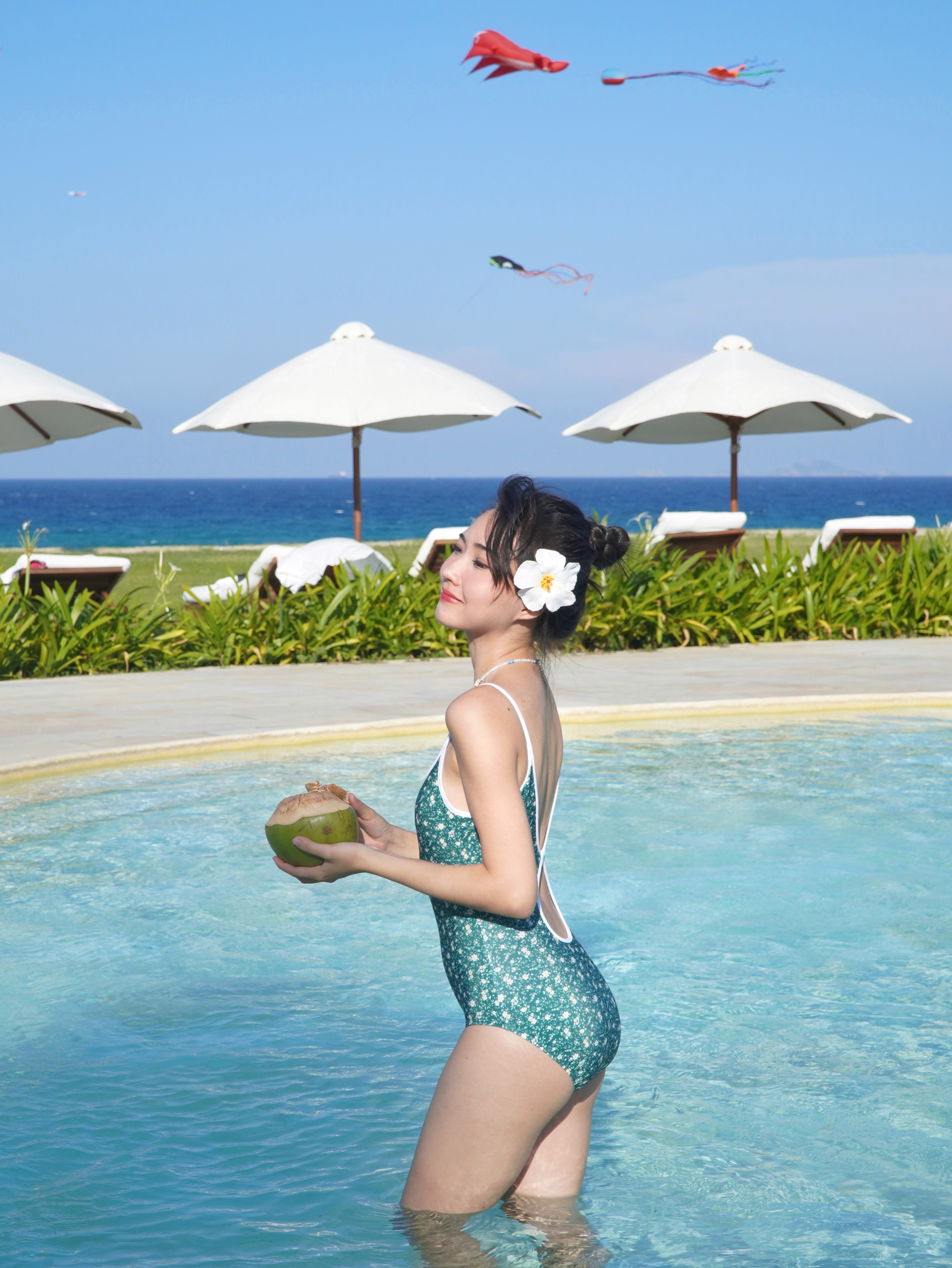 SOBIE Circle Bloom đồ bơi liền thân monokini màu xanh