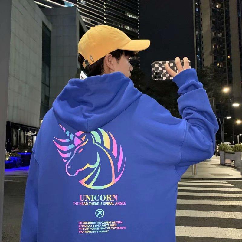 Áo hoodie tay dài dáng rộng in hình kỳ lân gồm 5 màu sắc