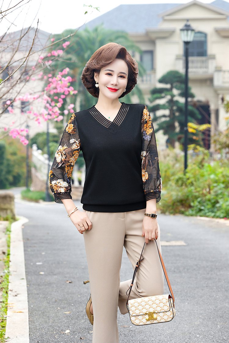 Áo Thun Nữ Trung Niên Tay Voan Cổ V SM114- Hàng Quảng Châu Cao Cấp