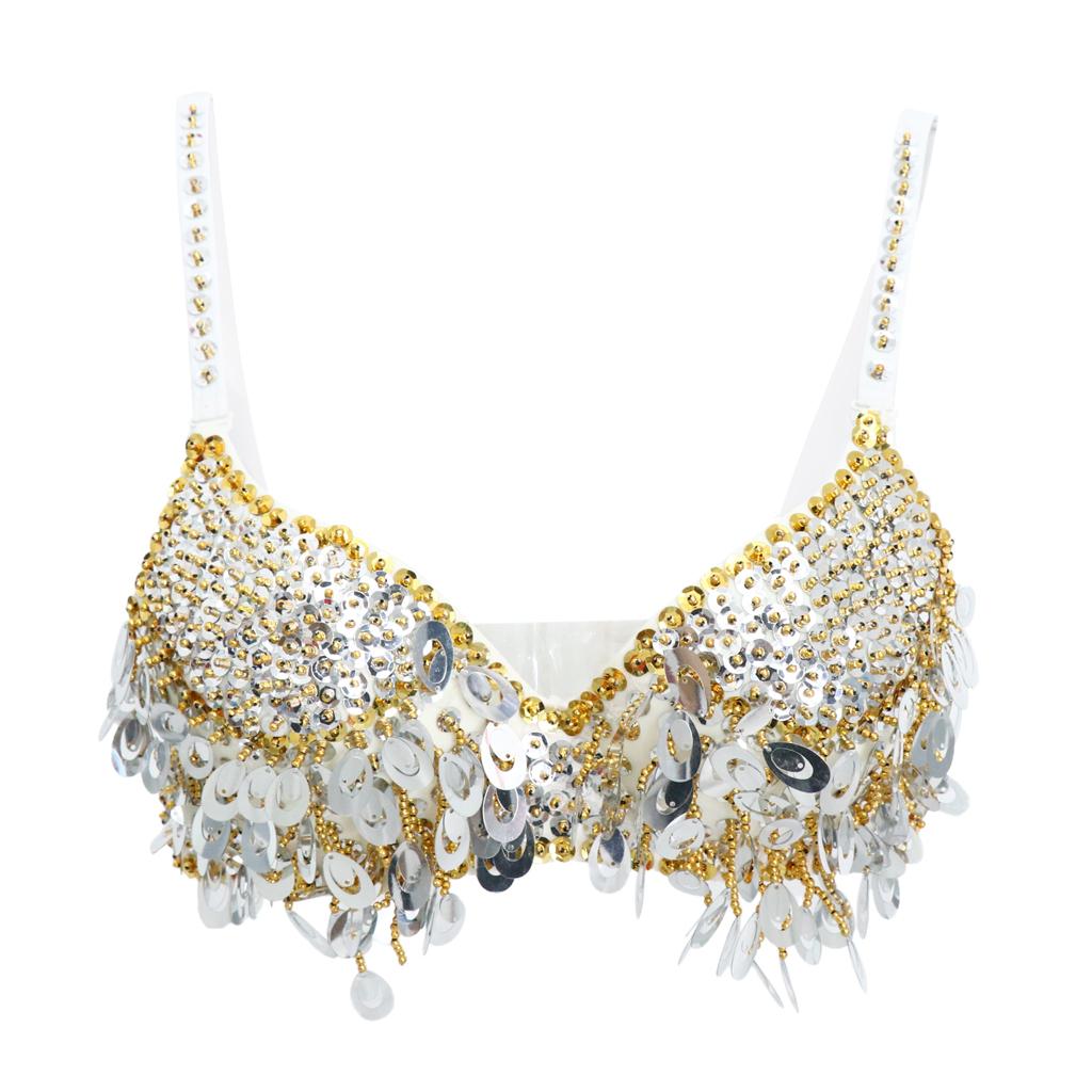 Women's Belly Dance Beaded Bra Sequins Top Sexy Dancing Singer Costume Tassels