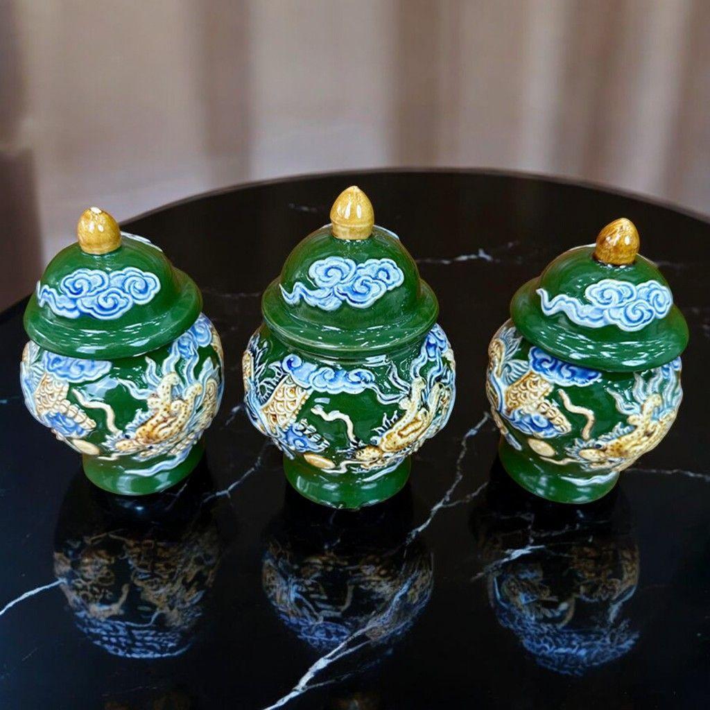 Chóe Thờ Bát Tràng Men Xanh Lá Đắp Nổi RỒNG VIỆT– Đựng Gạo Muối Nước Thờ Gia Tiên, Thần Tài