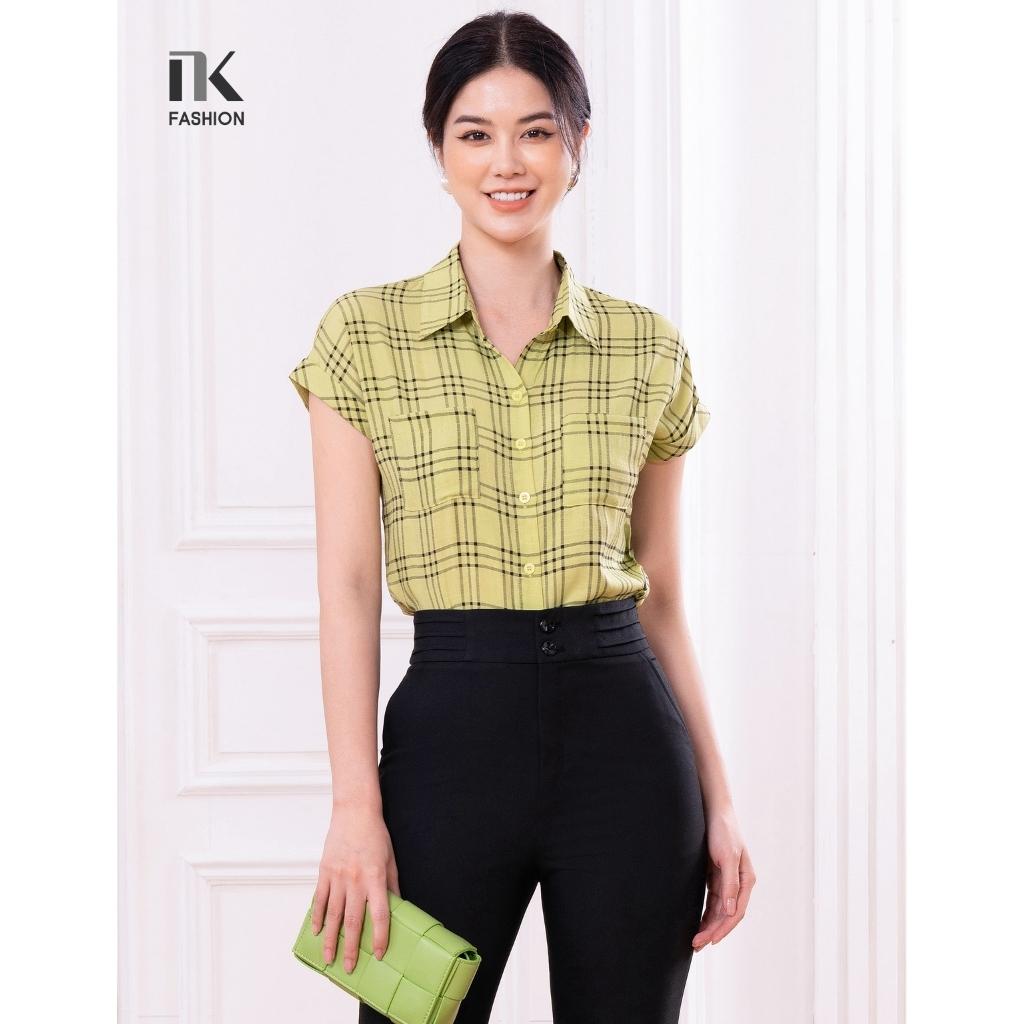 Áo Sơ Mi Nữ NK Fashion Thiết Kế Cỏ Đức Vai Chờm Họa Tiết Kẻ, Chất Liệu Nhập Hàn Cao Cấp NKSM2204001