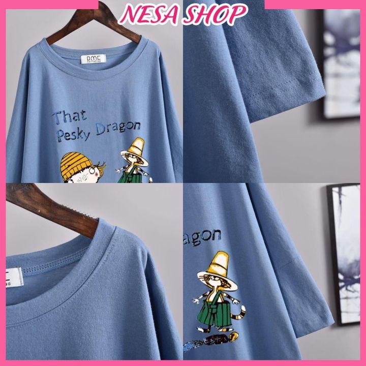 Hình ảnh Áo thun nam nữ form rộng, Áo phông tay lỡ, chất liệu thun cotton co giãn, áo unisex in chữ That Pesky Dragon NeSa Shop