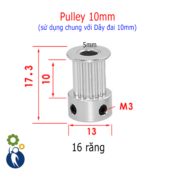 Buly, Puly, Pulley Trục 5mm - 16 Răng Đai 10, sử dụng với dây đai 2GT-10mm