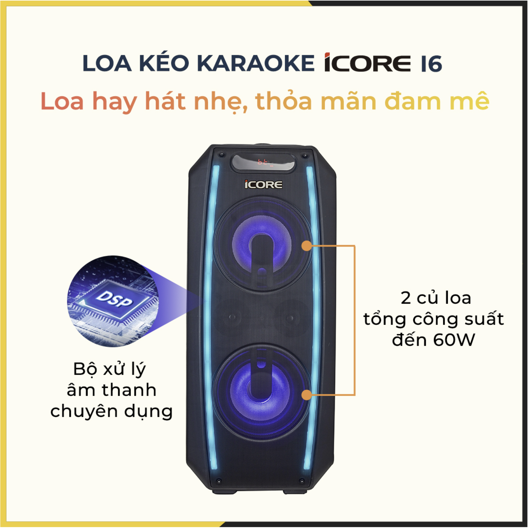 Loa du lịch iCore i6 - Loa karaoke bluetooth xách tay - Kèm 2 micro UHF cao cấp - Hàng Chính Hãng