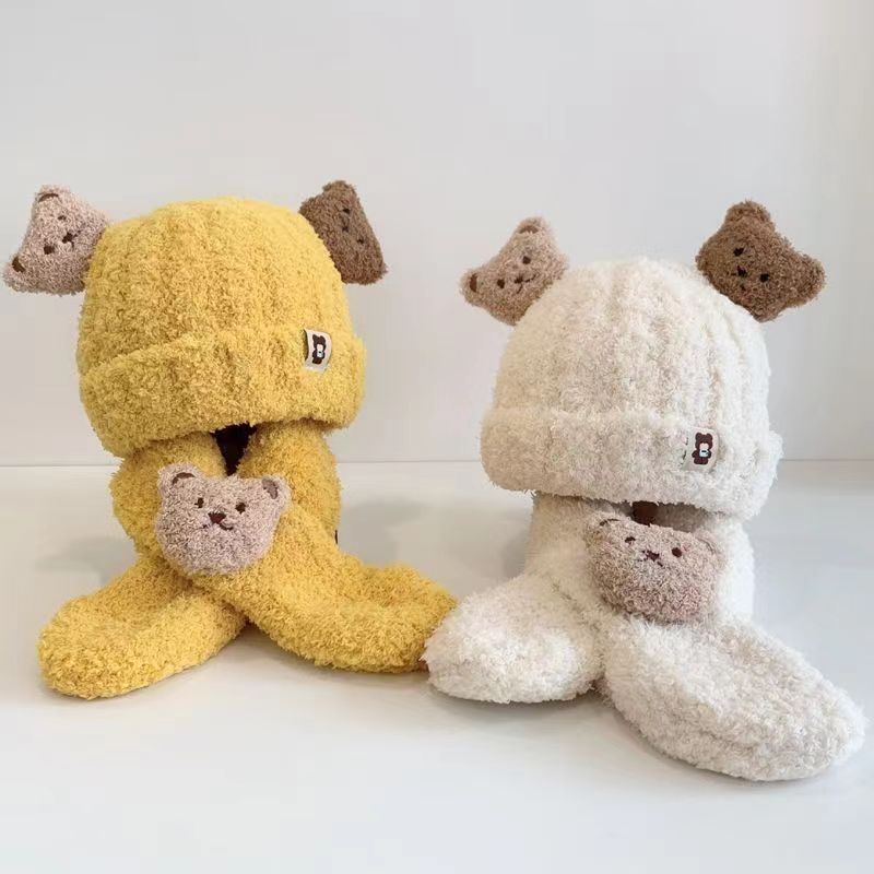 Sét 1 Mũ Len Gấu 3D kèm khăn cổ T65 Lông Cừu Thời Trang Mùa Thu Đông Dành Cho Bé Trai, Bé Gái Cute, Đáng Yêu