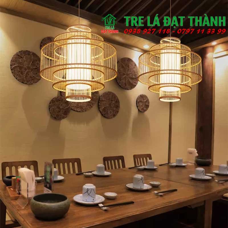 Lồng đèn tăm tre trang trí nhiều tầng, chụp đèn trang trí quán cà phê kiểu dáng mộc mạc