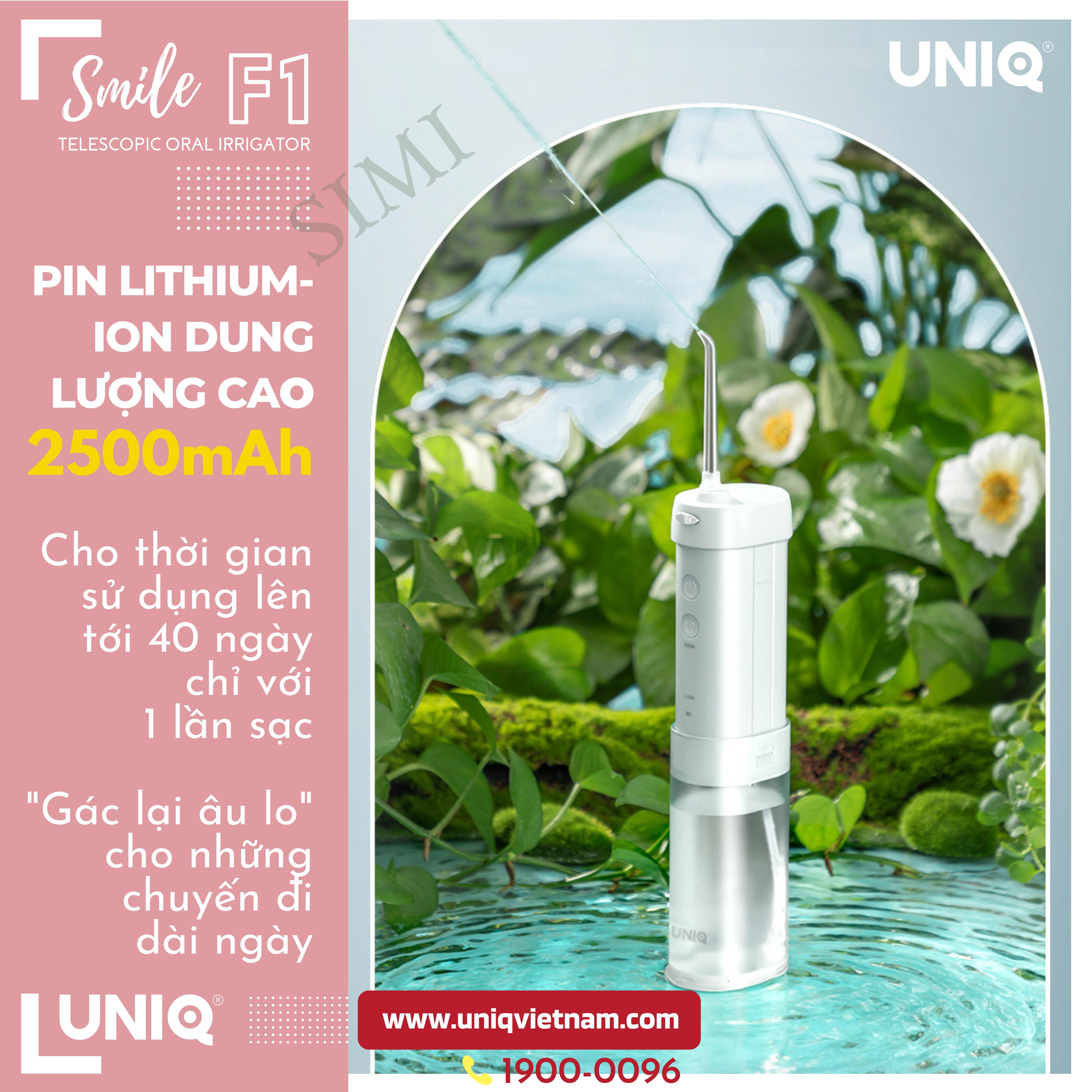 Tăm Nước Cầm Tay UNIQ Smile F1 Nhật Bản Cao Cấp Máy Vệ Sinh Răng Miệng Mini Tốt Xịt Xỉa Rửa Làm Sạch Kẽ Răng Niềng Dụng Cụ Cạo Lưỡi Waterpik May Tam Nuoc Du Lịch Không Dây Nhập Khẩu