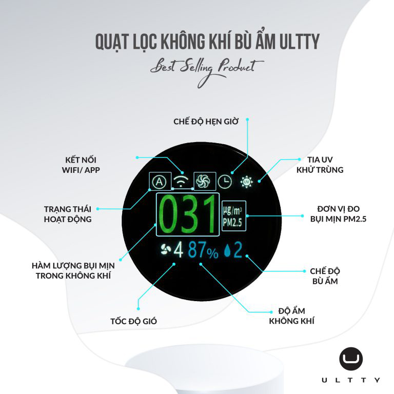 Máy Lọc Không Khí Bù Ẩm ULTTY SKJ-CR022 Dạng Quạt, Diệt Khuẩn Bằng Tia UV, Chế Độ Làm Mát 9 Cấp, Bộ Lọc HEPA H13 Loại Bỏ 99,97% Bụi Mịn, Vi Khuẩn, Virut, Bù Ẩm 3 Cấp - Hàng Chính Hãng