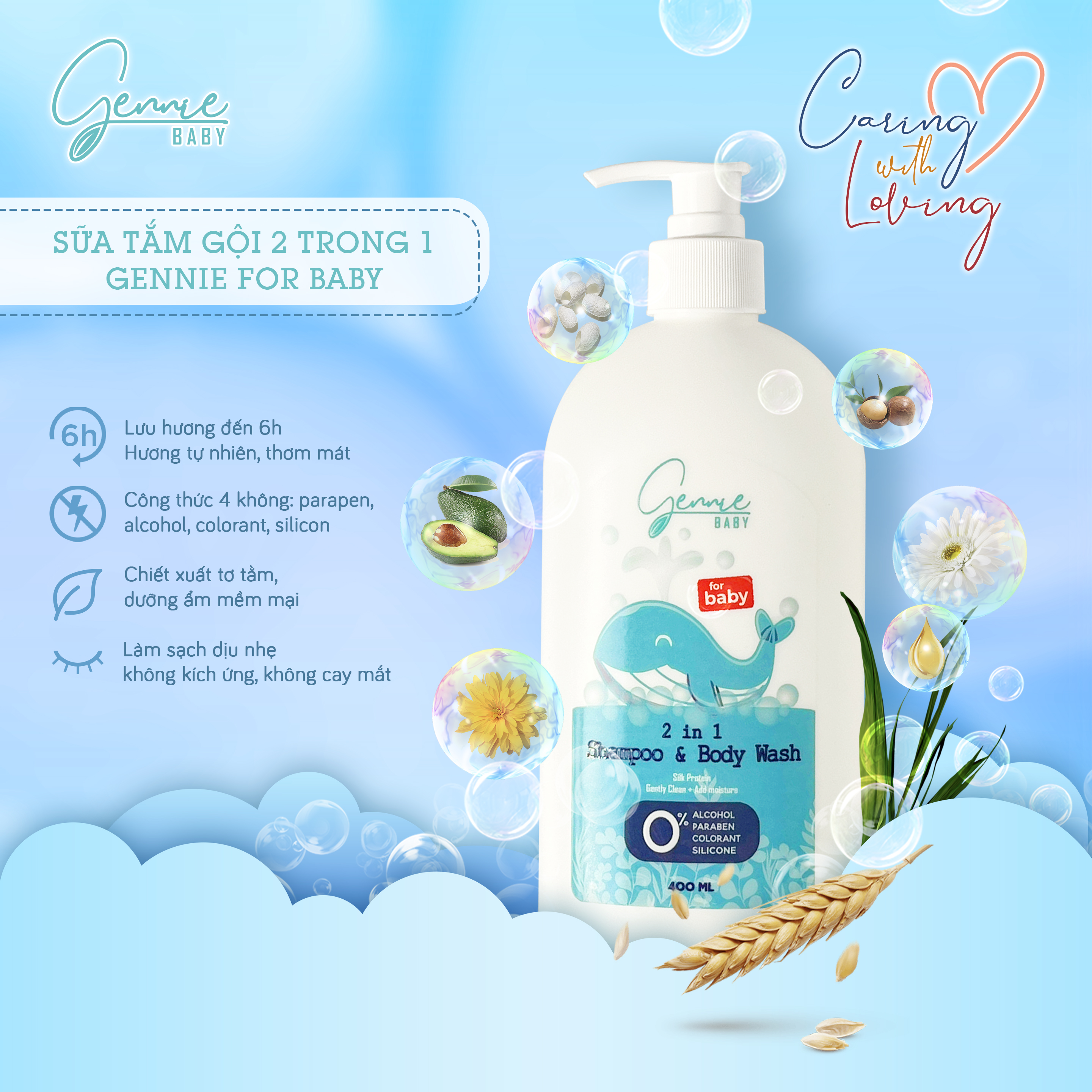 Bộ đôi Mẹ và Bé Sữa tắm Gennie Little Gold Dress + Sữa tắm gội 2IN1 Gennie Baby 450ml - 400ml