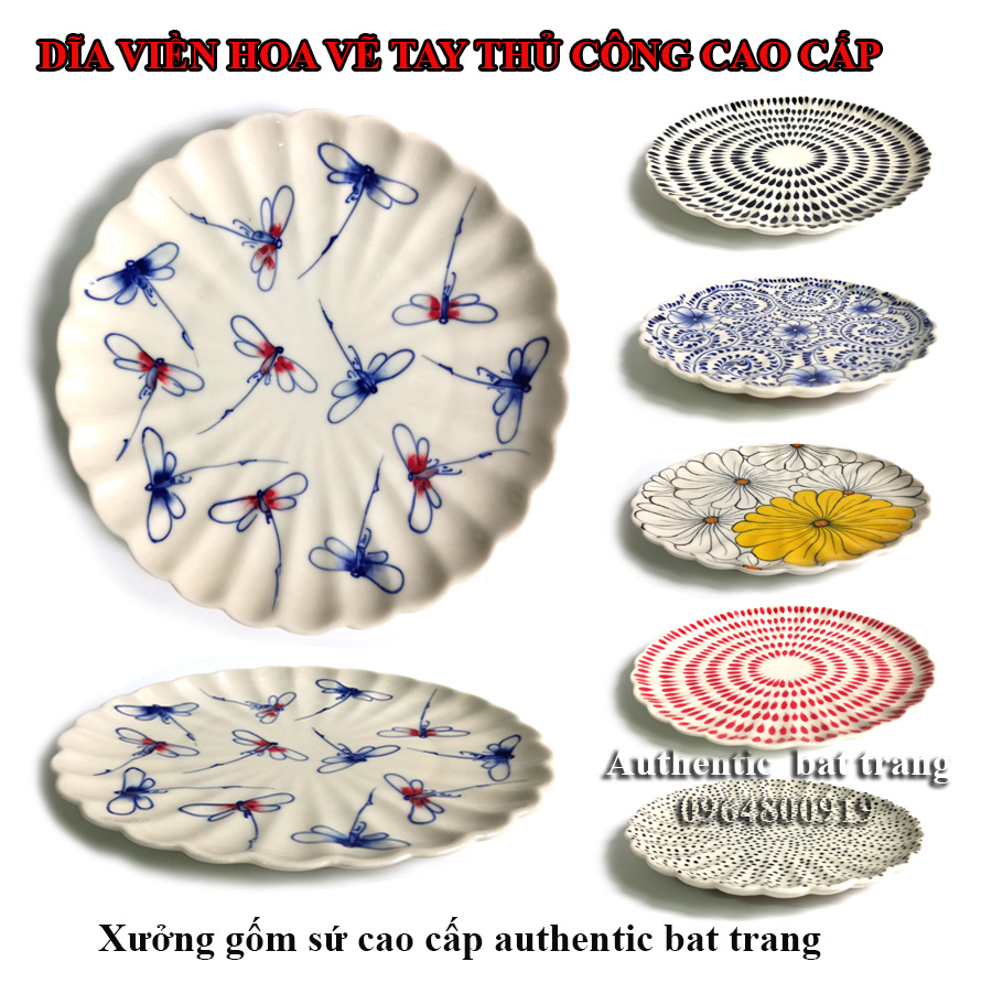 (HOT) Dĩa sứ ăn viền hoa vẽ tay thủ công cao cấp - kích thước 18cm - Gốm sứ bát tràng chuyên cho nhà hàng 5 sao