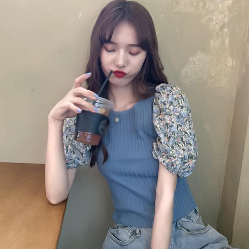 Áo Thun Dệt Kim Tay Ngắn Cổ Tròn Hoạ Tiết Hoa Cho Phái Nữ