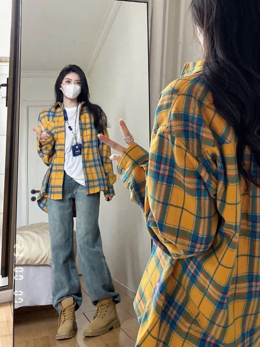 Áo sơ mi nữ form rộng 2N Unisex somi khoác ngoài sọc vàng số 14