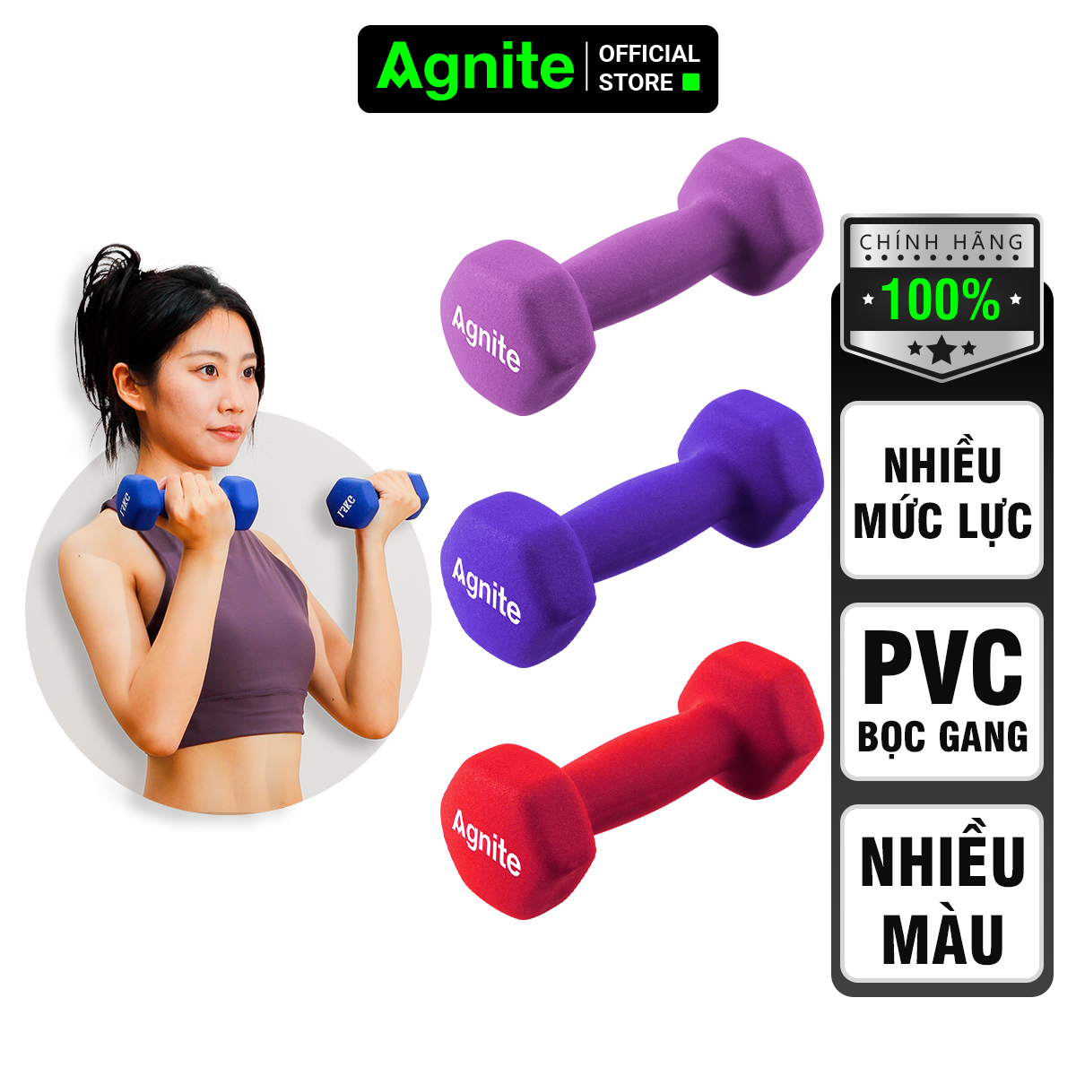 Tạ tay nam nữ nhiều mức chính hãng Agnite - PVC bọc gang siêu bền - dụng cụ hỗ trợ gym, pilates - ER081/ER082/ER083