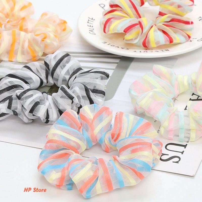 Cột Tóc Scrunchies Sọc 3 Màu Vải Voan Hàn Quốc