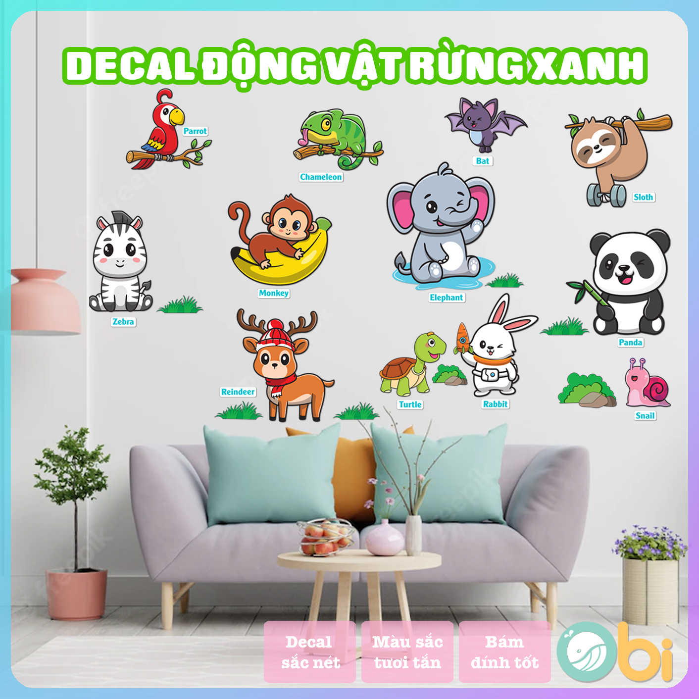 Decal dán tường cho bé  - Decal động vật rừng xanh Obi