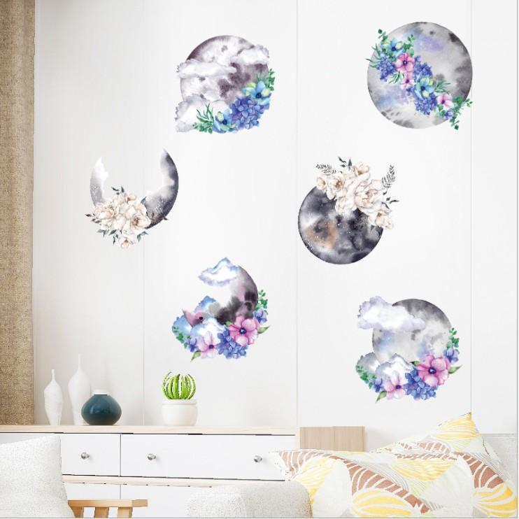 Decal dán tường trang trí - TRANH HOA TÍM TRĂNG HUYỀN ẢO