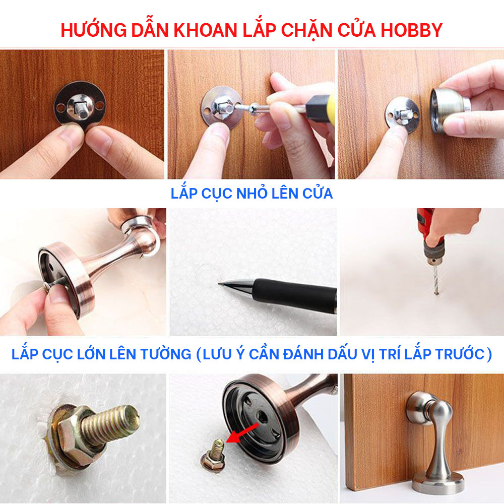 Bộ chặn cửa nam châm hít mạnh khoan tường chống va đập tường Hobby Home Decor CC8 inox 304 không rỉ sét