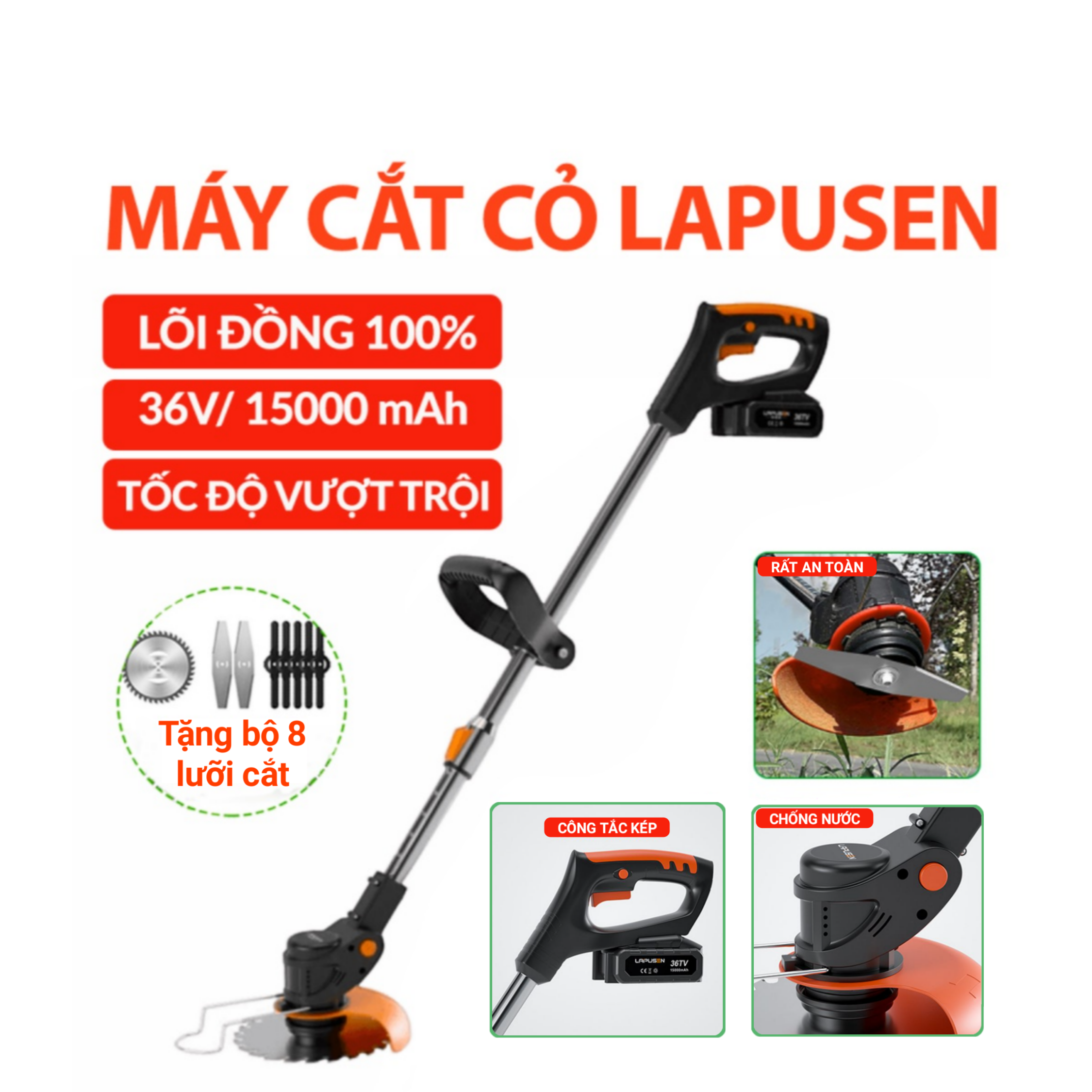 Máy Cắt Cỏ Pin LAPUSEN Công Suất 1800w, Pin Khủng 15000mah, Bảo Hành 12 Tháng