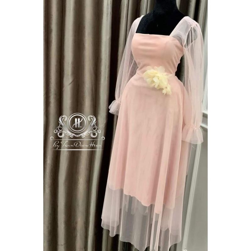 Đầm xòe lưới tay dài eo kết hoa HÀNG THIẾT KẾ