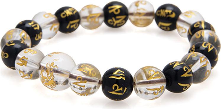 Vòng Tay Đá Thạch Anh Trắng Mix Đá Opal Đen Tự Nhiên Khắc Chữ Phạn 10MM Gembank