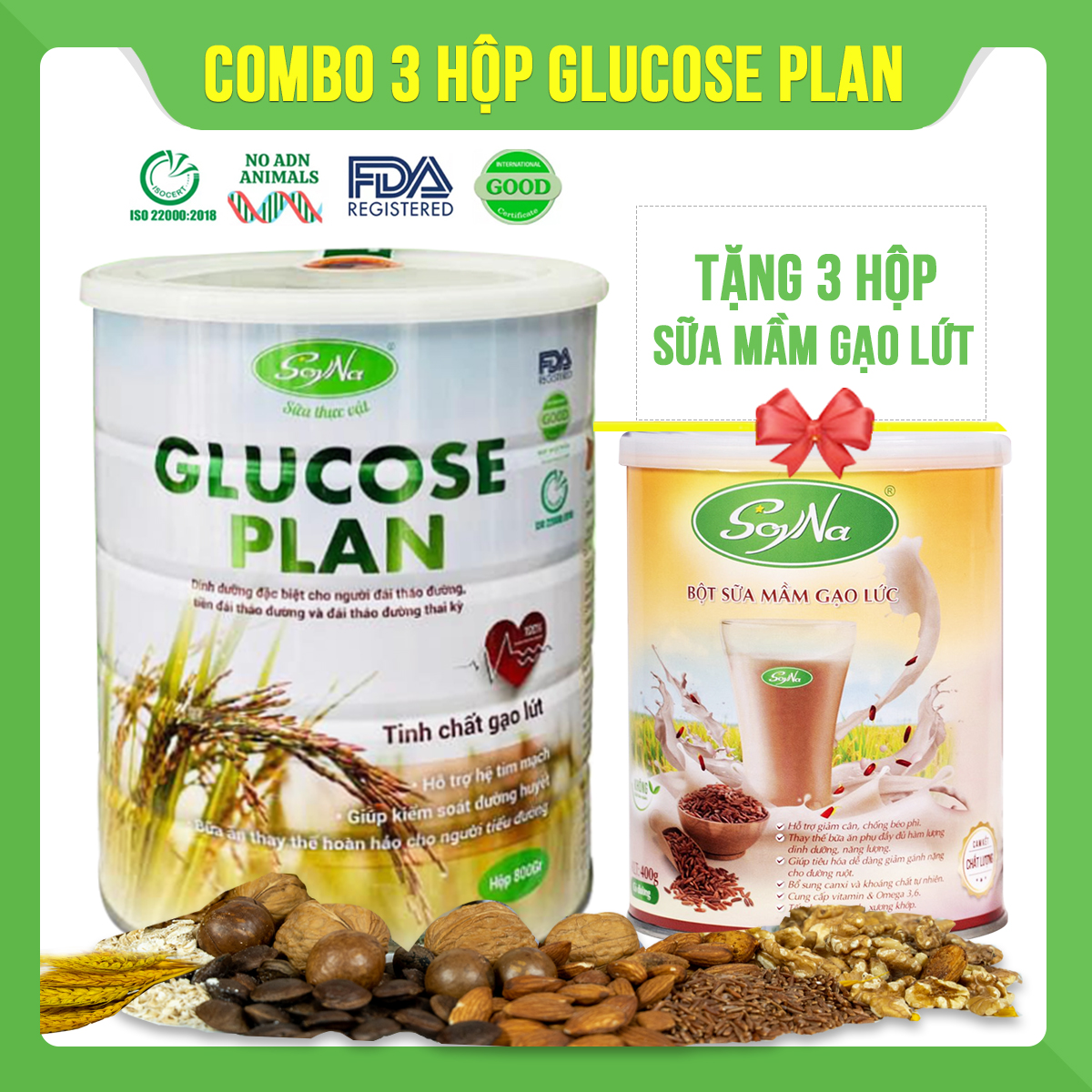 Combo 3 hộp Sữa thực vật Glucose Plan Soyna 800g tặng kèm 3 hộp sữa hạt 300g hoặc 3 hộp sữa mầm gạo lứt 300g