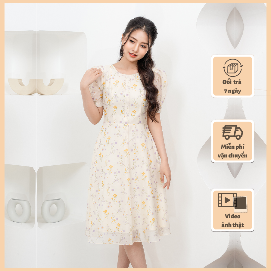 Váy hoa nhí cổ tròn dáng tiểu thư v235