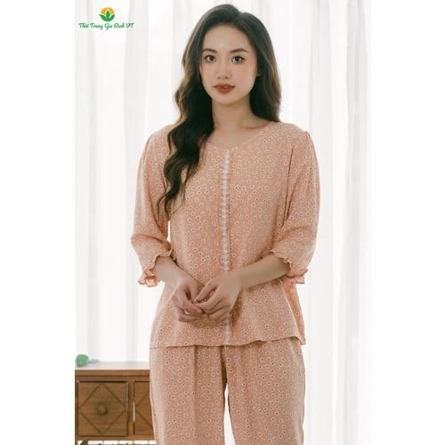 Bộ lanh quần dài áo dài phối ren, bèo tay B09.2101 - Thời Trang Gia Đình VT