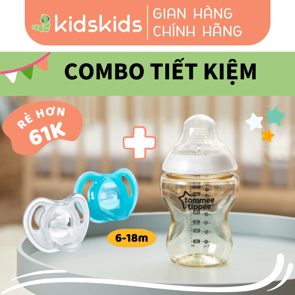 COMBO Bình sữa PPSU ty siêu mềm tự nhiên Tommee Tippee Closer to Nature 260ml, núm ty đi kèm 3-6 tháng &amp; Ty ngậm silicon siêu nhẹ cho bé Tommee Tippee Ultra Light 6-18 tháng (vỉ đôi) - Xanh dương/Trắng