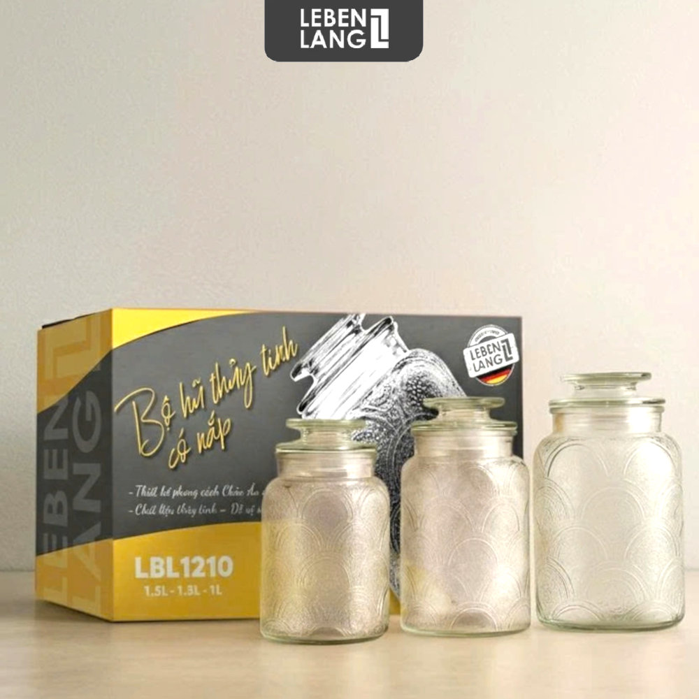 Bộ 3 Hũ Thủy Tinh Đựng Thực Phẩm Lê Bên Làng LBL1210, Nắp Kín, Hoa Văn, Dung Tích 1L, 1.3L, 1.5L