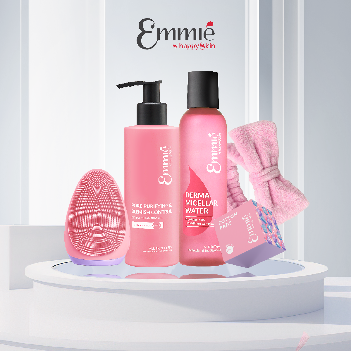 Limited Box : Máy Rửa Mặt SONIC HEAT + Gel Rửa Mặt BHA + Nước Tẩy Trang + Bông Tẩy Trang 20M+ Băng Đô Emmié by HappySkin