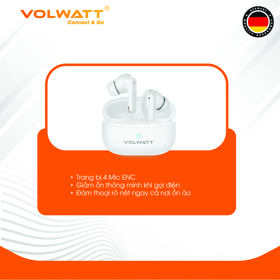 Tai nghe không dây Volwatt Zen hàng chính hãng | TWS Bluetooth 5.4, 4 Mic ENC, Driver 13mm, Nghe 4–5h + Hộp 400mAh, BH 12 tháng