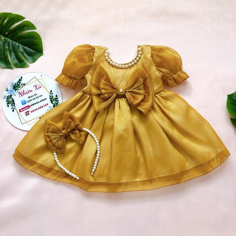 Váy Tơ Vàng Lấp Lánh Cho Bé Gái 4 Đến 28kg, Đầm Bé Gái Tặng Kèm Cài [V019