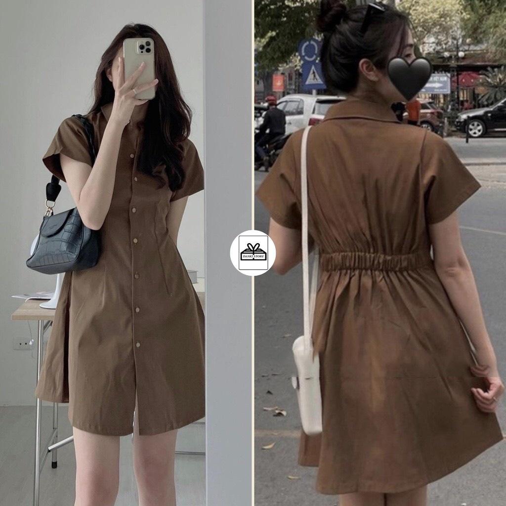 Đầm váy nữ basic Banamo fashion cổ sơ mi cài cúc chiết eo lưng chun, váy nữ cộc tay nhiều màu