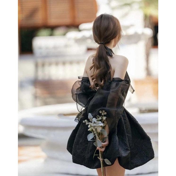 FREE SHIP Váy đầm nữ tiểu thư tay dài tơ phối gấm 2 màu nhẹ nhàng công chúa họa tiết dây cổ xinh xắn DS