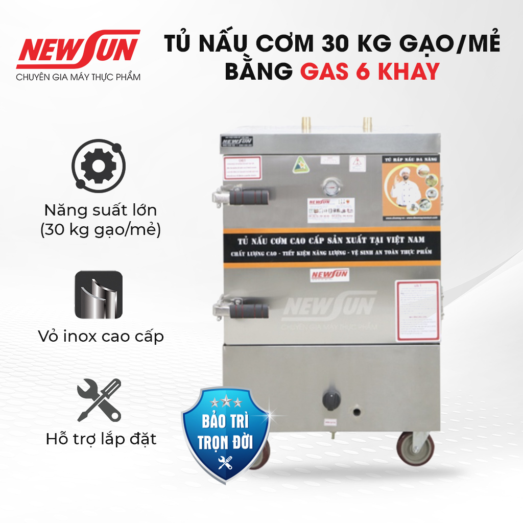 Tủ Nấu Cơm 30 Kg Gạo/ Mẻ Bằng Gas 6 Khay iInox 304 NEWSUN - Hàng Chính Hãng