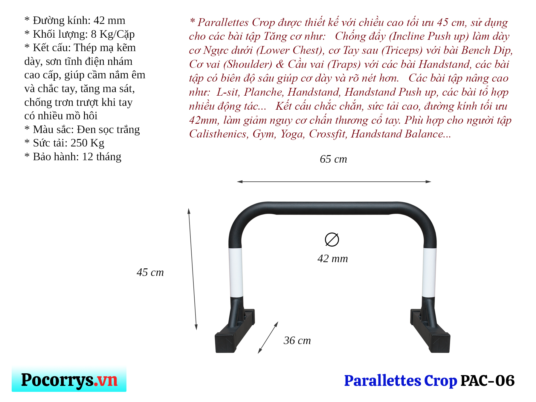 Xà kép Parallettes Crop cao 45cm, Pocorrys PAC-06, Màu đen trắng