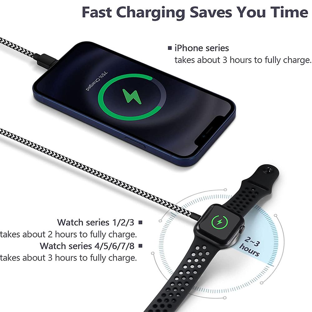 Bonola Watch Dây từ tính Sạc 2 trong 1 Cáp USB cho Apple Watch 8/7/6/5/4/3 Sạc nhanh cho iPhone 14 Pro Max/13/12/11