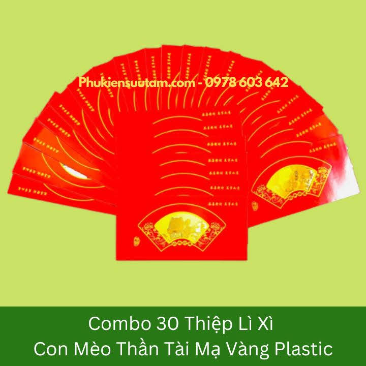 Combo 30 Thiệp Lì Xì Con Mèo Thần Tài Mạ Vàng Plastic, kích thước: 20cmx10cm, màu đỏ - SP005911