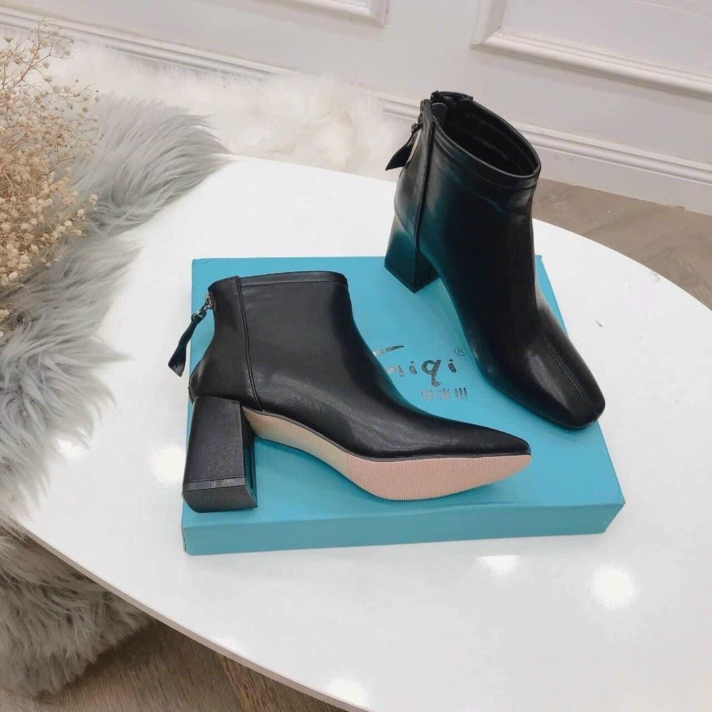 Boot nữ cổ thấp gót vuông 5cm da PU mềm khóa sau thời trang cực êm sang chảnh bốt ôm sát cổ chân