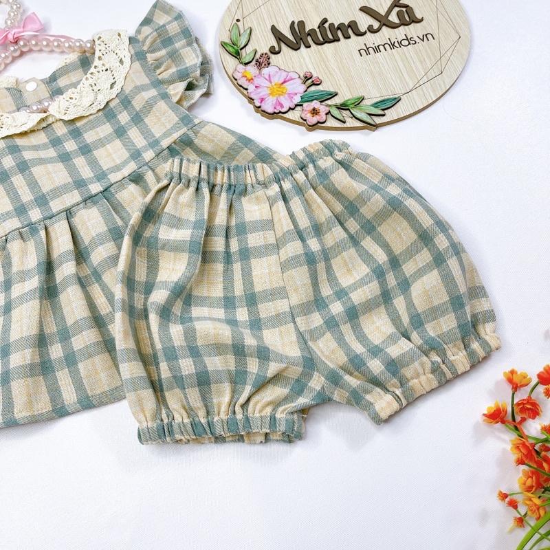 Set Bộ Caro Xám Bé Gái 4kg Đến 17kg Chất Đũi Sợi Siêu Mát