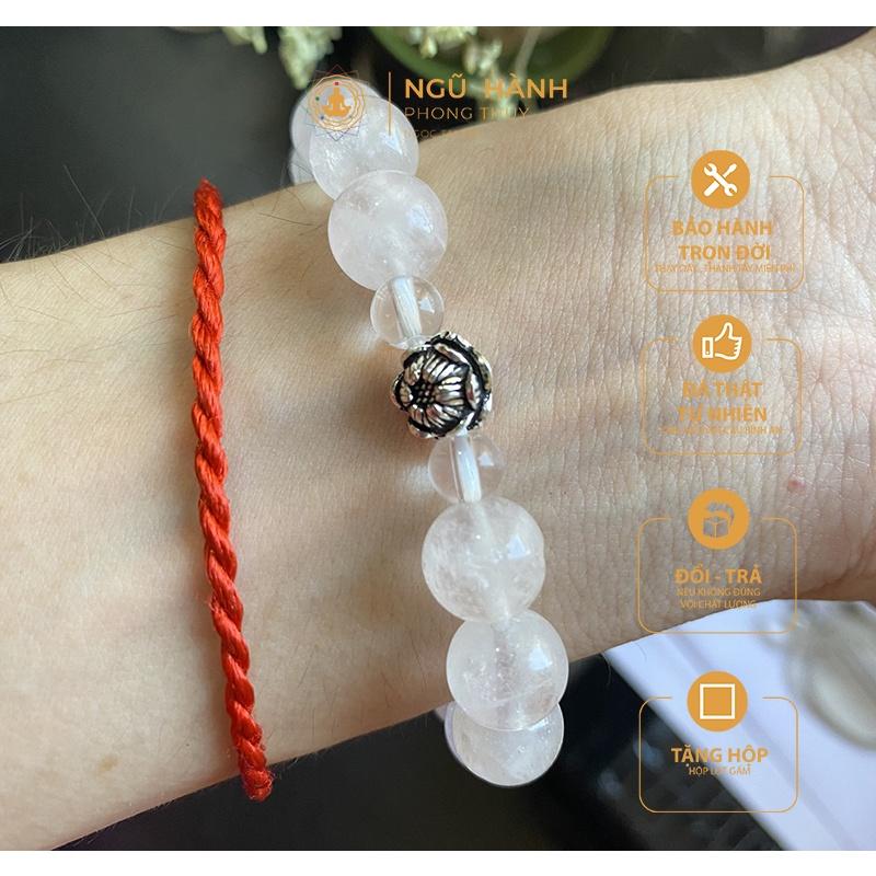 Vòng tay thạch anh hồng mix thạch anh trắng charm bạc hoa sen phong thủy