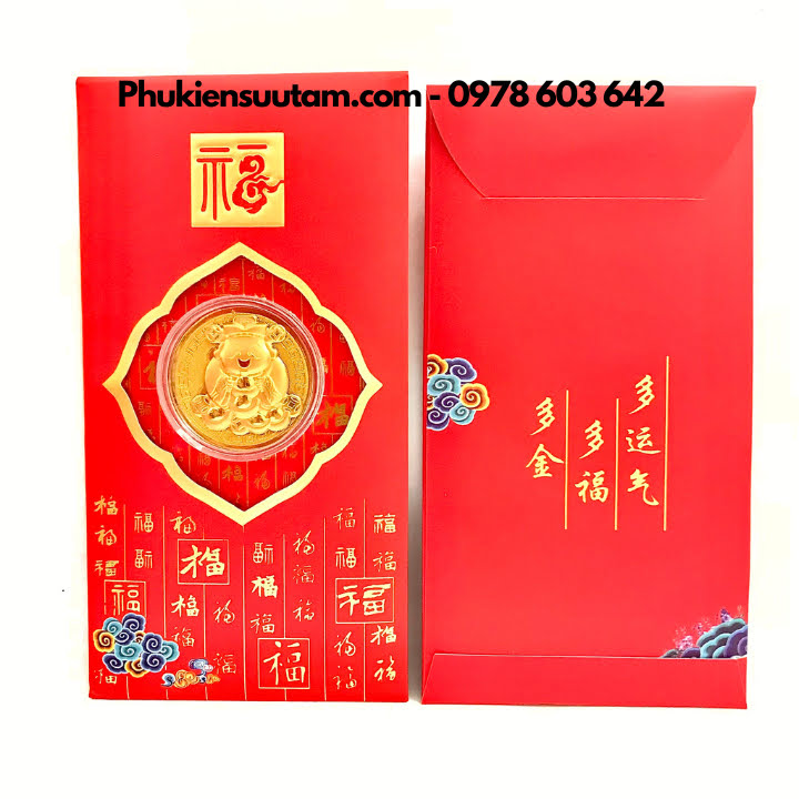 Combo 20 Bao Lì Xì Đồng Xu Thần Tài Cute Mạ Vàng, kích thước: 17cmx9cm, màu đỏ - SP005984