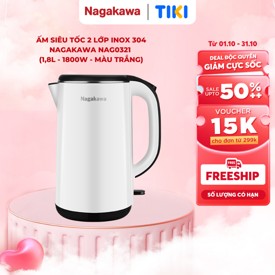 Ấm siêu tốc 2 lớp inox 304 Nagakawa NAG0321 1,8L - 1800W - Hàng chính hãng - Trắng