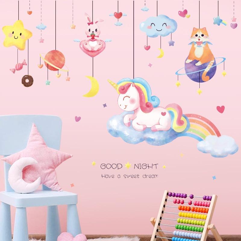 Decal dán tường trang trí phòng bé gái Mẫu kỳ lân số 4 GOOD NIGHT - AmyShop